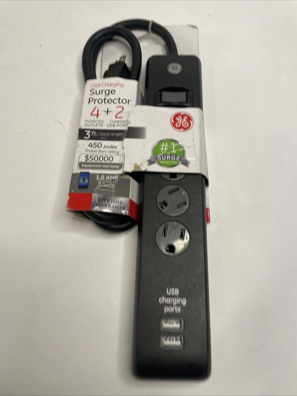 GE 3 ft. Extension Cord Black 4-Outlet 2-USB Charging Port Surge Protector